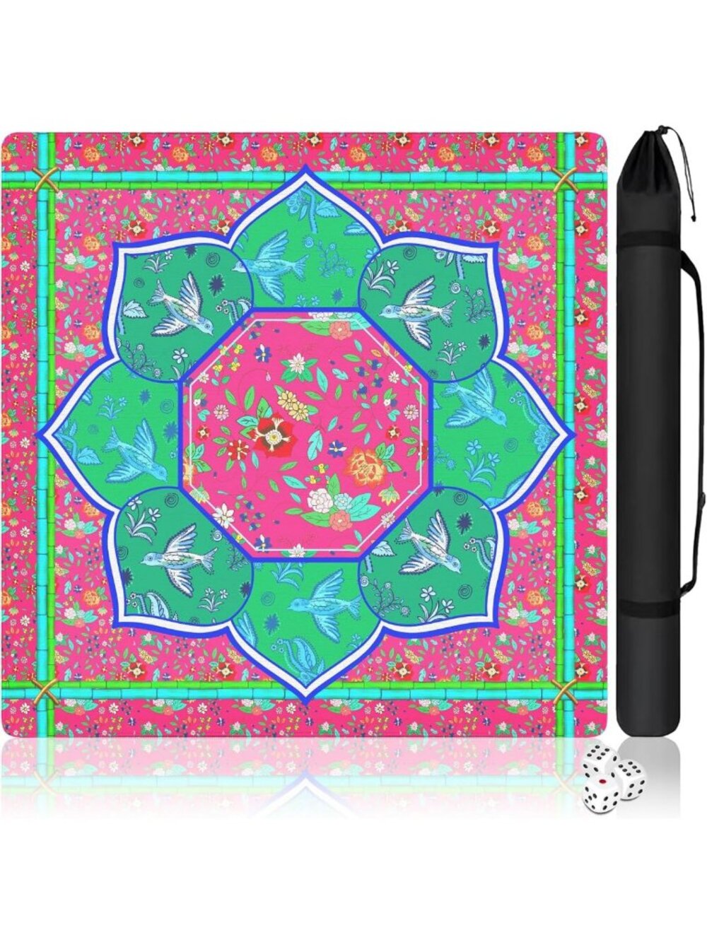 Chinoiserie Mahjong Mat with Carry Bag & Dice - Non-Slip, Noise Reduction Gaming